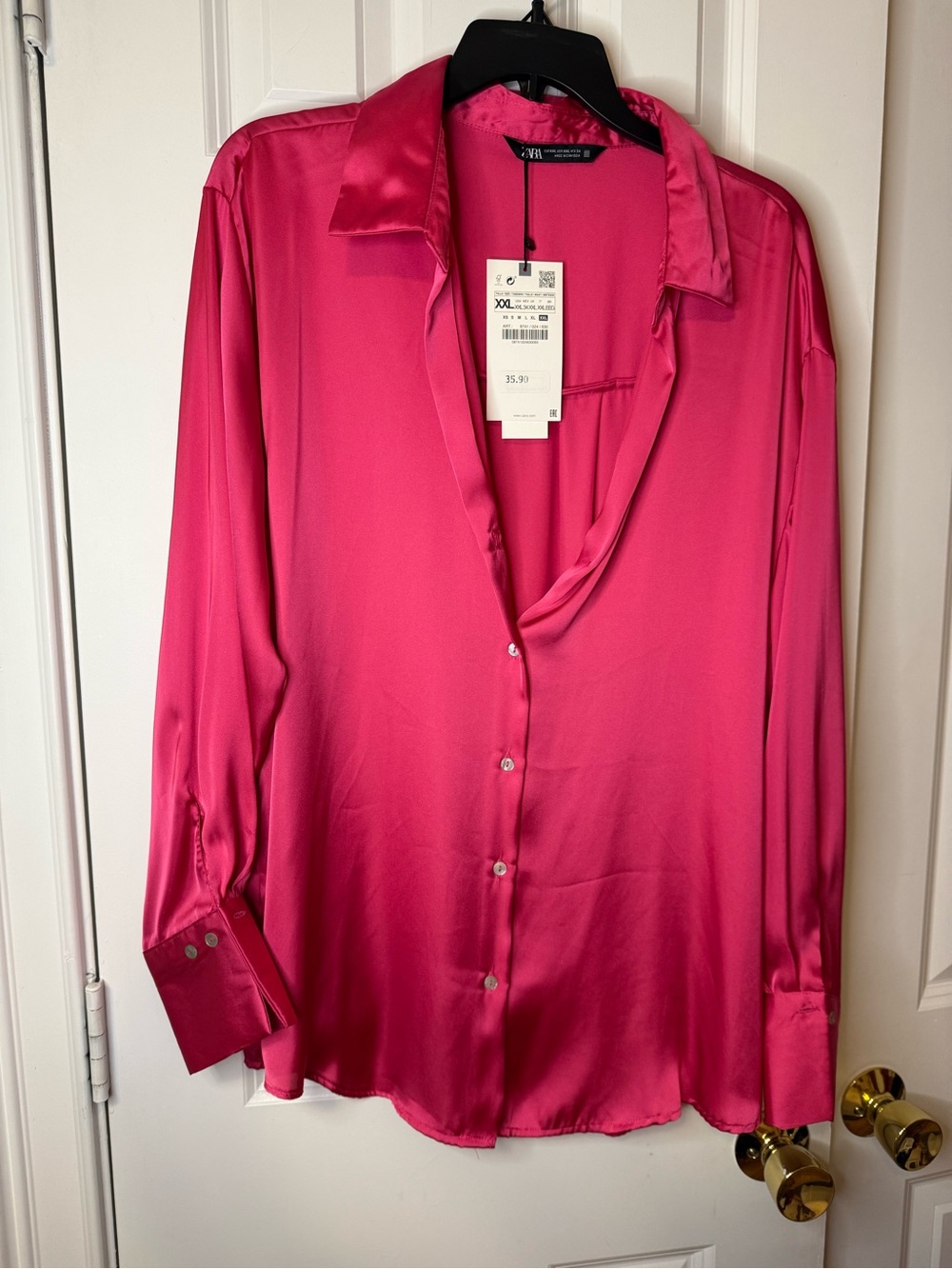 ZARA Fuchsia Pink Satin Effect Button Down Blouse Shirt XXL NWT
